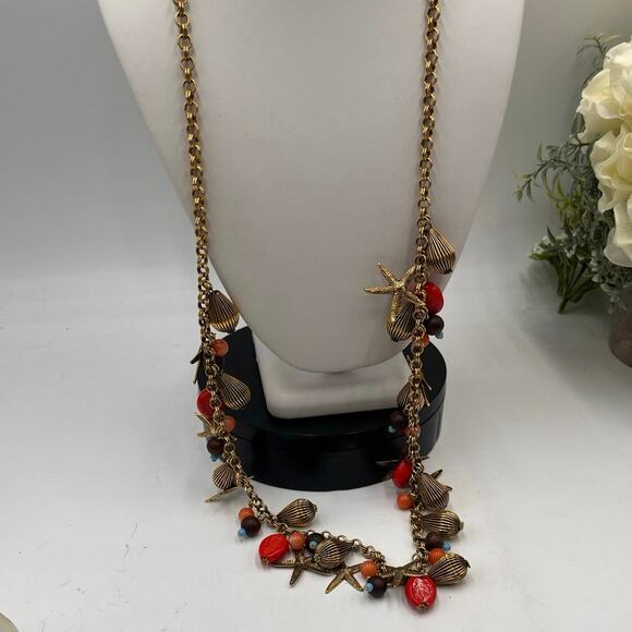 Yochi‎ NY Signed Red Blue Starfish Faux Coral Turquoise Glass Statement Necklace - Picture 2 of 10